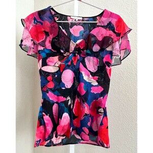 Parker Peony Dreams Flutter Sleeve Ruffle Collar Silk Chiffon Blouse Top Small‎